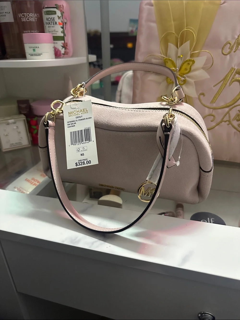Michael Kors Blush Pink Suede Top-Handle Shoulder Bag with Gold Hardware
